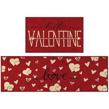 Imagem de Bencailor 2 peças de tapete de cozinha para o dia dos namorados, tapete de boas-vindas com coração vermelho, antiderrapante, lavável, decorativo, tapete absorvente, tapete para decoração de casa de