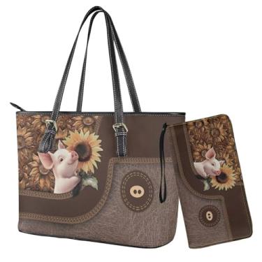 Imagem de Lotusorchid Bolsa com alça superior com conjunto de carteira, bolsa feminina com carteira para viagem, Marrom - Girassol de porco, One Size