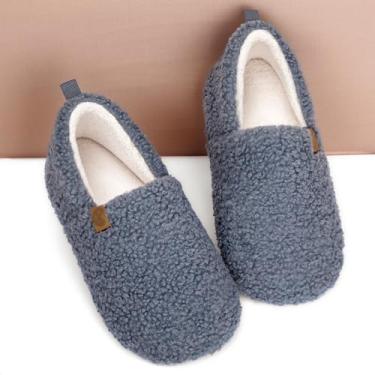 Imagem de Pantufas femininas de espuma viscoelástica para casa, aconchegantes e fechadas, com lã encaracolada, para ambientes internos e externos, Azul e cinza, 9-9.5 Women/7.5-8 Men
