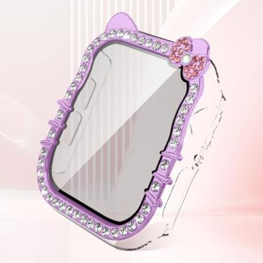 Imagem de Capa de desenho animado com laço de gato para Apple Watch SE/séries 10/9/8/7/6/5/4 44 mm 45 mm com protetor de tela de vidro temperado, capa protetora completa diamante cristal (roxo, 44 mm)