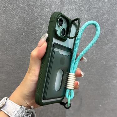 Imagem de Cordão de mão com slot para cartão, capa transparente para iPhone 15 16 Pro Max 14 13 12 11, suporte dobrável para lentes, capa de acrílico, verde escuro, para iPhone 14 Plus