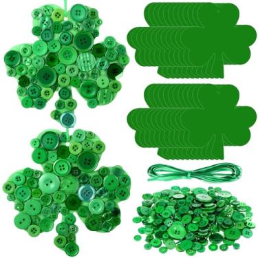 Imagem de PullCrease Kit de artesanato com 24 trevos do Dia de São Patrício, cartolina trevo verde com fita, cerca de 1200 botões verdes, kit de cartão de trevo da sorte DIY para decorações de festas irlandesas