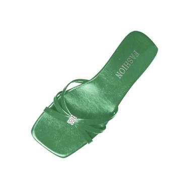Imagem de Pantufas femininas de bico aberto de cabeça quadrada para uso casual primavera verão praia, Verde, 36