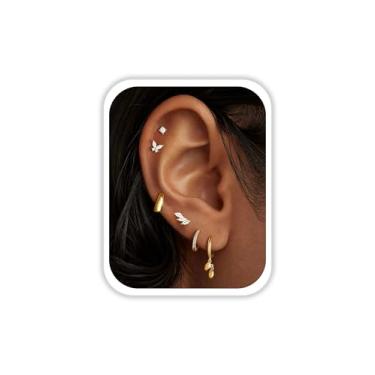 Imagem de M MOOHAM Brincos de argola femininos – 6 pares de conjuntos de brincos hipoalergênicos pequenos para vários piercings delicados banhados a ouro 14 K e pilhas de cartilagem na moda, Aço inoxidável