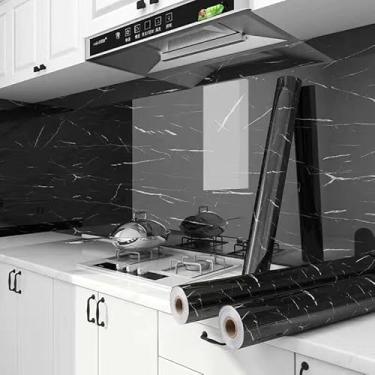 Imagem de Adesivos de cozinha Resistente a Agua/Óleo/Fogo/Alta Temperatura - Usável em fogão/armário/porta Inovação com Filme hot papel de parede cozinha papel de parede adesivo(5M*60CM-PRETO)