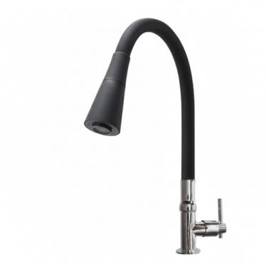 Imagem de Torneira de Cozinha Flexível Semi Curvada, Bancada Preta, Pia Vertical Grande, Bocal Duplo Cone, 56cm Altura, 8cm Largura