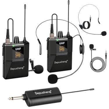 Imagem de Depusheng Sistema de microfone UHF – Conjunto de microfones sem fio com fone de ouvido e microfones de lapela de lavalier, transmissor e receptor de cinto, alcance de 60 metros, para gravação de