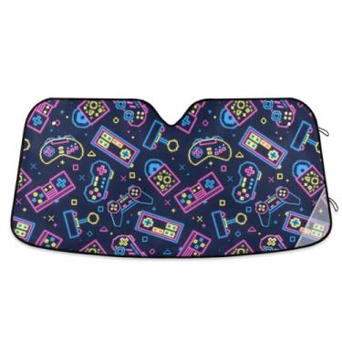 Imagem de Pixelated Neon Gamepads Protetor de sol preto para para-brisas de carro, raios UV, persianas de janela dianteira de carro médio