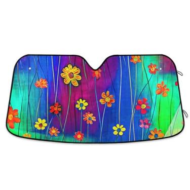 Imagem de Persiana de sol com flores abstratas coloridas para para-brisas de carro, bonito, dobrável, para janelas dianteiras, retrátil automotivo, S, 134,6 cm x 59,7 cm