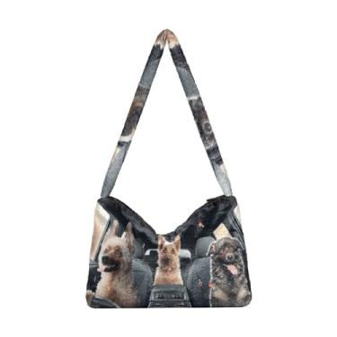 Imagem de Linda bolsa de ombro de parede quebrada, bolsa feminina de pelúcia para uso ao ar livre, Três cães no assento do carro, One Size