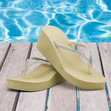 Imagem de Sandálias femininas com strass, chinelos, plataforma, chinelos de cunha, sapatos de casamento, caminhada na praia, Caqui, 37