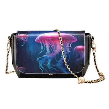 Imagem de Bolsas de ombro femininas com água-viva azul no oceano com luzes neon bolsa tiracolo de couro, bolsas transversais de couro para mulheres, Água-viva azul no oceano com luzes neon - 3, One Size