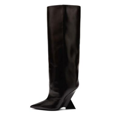 Imagem de CAGLGLZ Botas femininas de salto cunha com bico fino, salto alto no joelho, botas de puxar na moda botas altas, Preto, 36