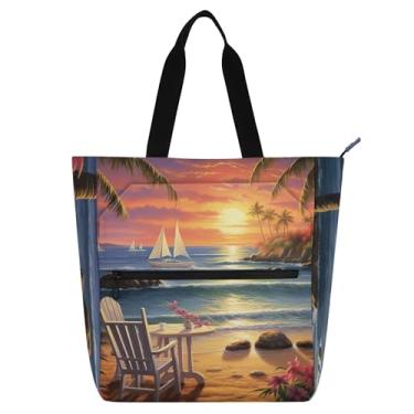 Imagem de GAIGEO Sacola feminina para trabalho com cena de praia tropical para faculdade, escola, bolsas reutilizáveis, amantes de livros
