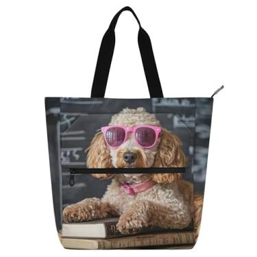 Imagem de GAIGEO Sacola divertida para livros de óculos Poodle para crianças, mulheres, escola, trabalho, zíper, média, bolsa de livro
