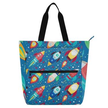 Imagem de GAIGEO Sacola infantil colorida azul com desenho animado Rocket Space com zíper para livros escolares bolsa de tecido reutilizável para meninas meninos e mulheres