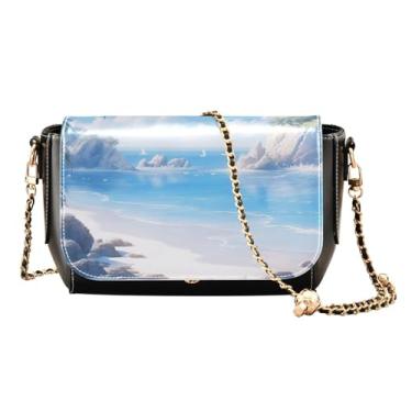 Imagem de GAIGEO Bolsa de couro com zíper de pato de borracha amarela, bolsas de viagem transversais de couro para mulheres, Aquarela azul fantasia praia, One Size