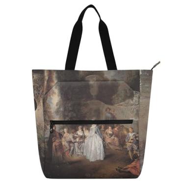 Imagem de GAIGEO Jean Antoine Watteau Bolsas de trabalho com estampa rococó para mulheres, bolsa escolar de lona com zíper, bolsas de viagem com compartimentos