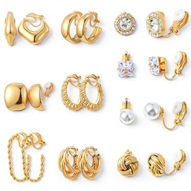 Imagem de Conjunto de 10 pares de brincos femininos banhados a ouro 14K com argola grossa e brincos de argola modernos sem piercing conjunto de brincos falsos