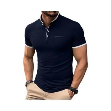 Imagem de Camiseta Casual Masculina De Manga Curta Com Gola Alta Em Cor Sólida, 