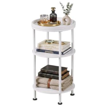 Imagem de Mesa lateral branca pequena, mesa de canto redonda com textura de grão de madeira, mesa de cabeceira de fazenda de 3 andares para quarto e sala de estar, mesa de 55 cm H para berçário, banheiro