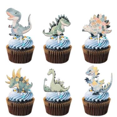 Imagem de Conjunto de 18 peças de enfeite de cupcake de dinossauro com glitter azul Cheer to T-rex Dino Tema de aniversário para decoração de festa de aniversário para meninos e meninas Happy Birthday