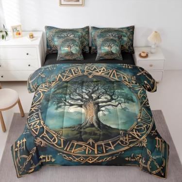 Imagem de Erosebridal Conjunto de edredom vintage de árvore viking, tamanho solteiro, com lençol geométrico, árvore da vida, 7 peças, estilo nórdico antigo, estilo nórdico, estilo étnico, tribal