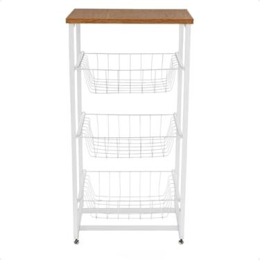 Imagem de Fruteira de Chão para Cozinha 3 Andares Cestos Tampa Suporte Bebedouro Filtro Galão Água Microondas(Branco/Freijó)