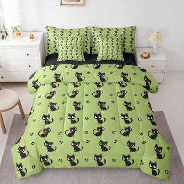 Imagem de Jogo de cama solteiro de gato preto fofo com estampa kawaii de gatos pretos (verde preto) - Jogo de cama de 7 peças com estampa kawaii de gatos pretos
