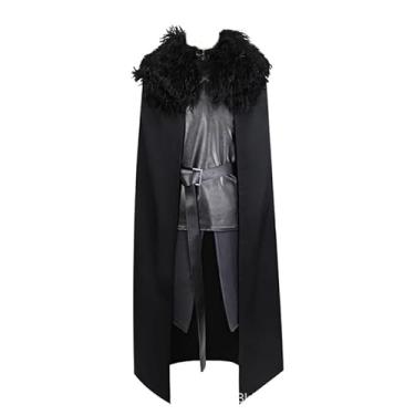 Imagem de Foyacos Viking Costume Adult Men Medieval Battle Black PU Outfit with Cloak (Black, XS)