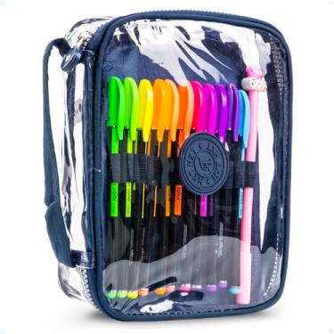 Imagem de Estojo Escolar Feminino Masculino Grande Transparente Ziper Resistente Papelaria Fofa Infantil Lápis Canetas Lapiseiras Borrachas Apontadores (Azul)