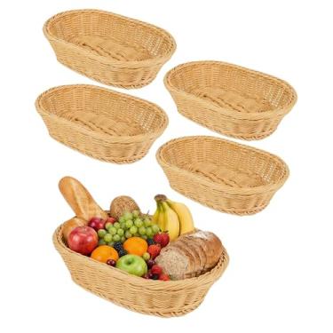 Imagem de Cestas de pão de vime poli, pacote com 5 cestas de pão de imitação de vime, cesta oval de plástico para servir comida, legumes, cozinha, restaurante, exterior (bege)