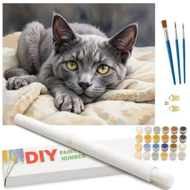 Imagem de Kit de pintura de retrato de animais de estimação por números para adultos – Pintura de gato malhado cinza relaxado DIY enrolada em tela 40,6 x 50,8 cm, conjunto de tinta acrílica, adequado para