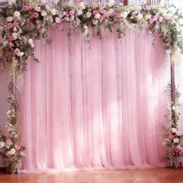 Imagem de Cortinas de fundo de tule transparente rosa de 25 x 3 m para festas de casamento, pacote com 2 cortinas de pano de fundo para fotos para festa de aniversário, chá de bebê, fundo de tecido em arco com