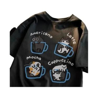 Imagem de Camiseta Feminina De Verão Com Estampa De Gato E Café, Gola Redonda, E
