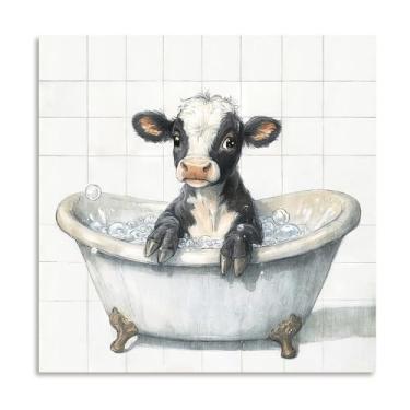 Imagem de ATELIYISHU Decoração moderna de casa de fazenda, decoração de parede de banheiro de vaca fofa, imagens de vacas pretas e brancas, pintura de animais para sala de estar, quarto, escritório, casa