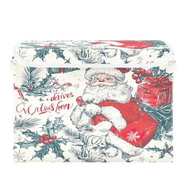 Imagem de SEHANY Linda caixa de armazenamento de Papai Noel de Natal com tampas e alças, organizador de cestas de armazenamento de tecido dobrável, caixas de armazenamento de cubos grandes para roupas, cobertor