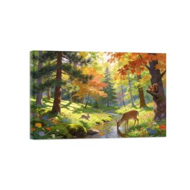Imagem de BMZFYBS Impressão em tela de paisagem de arte de parede - Árvore de outono Rio Animais - Pintura de decoração - Imagens para sala de estar pronta para pendurar 30 x 45 cm 12 x 18 pol. Tela embrulhada