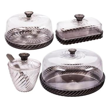 Imagem de Kit Mesa Posta Queijeira Boleira Açucareiro Manteigueira Preto e Incolor Twist 4 Peças Plasútil