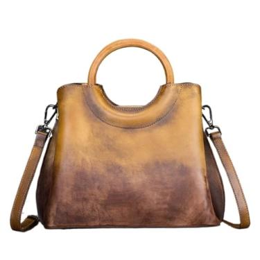 Imagem de Transversal Bolsa transversal feminina de couro curtido vegetal – Bolsa portátil com bloco colorido retrô, estilo vintage(Yellow)