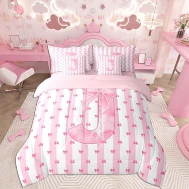 Imagem de Feelyou Conjunto de edredom de laço rosa com 7 peças, tamanho casal, com inicial J, para crianças, meninos, meninas, princesa, laço kawaii, alfabeto, decoração de quarto, lindas linhas com laço