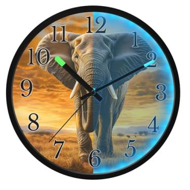 Imagem de ALAZA Relógios de parede de elefante engraçados que brilham no escuro, operado por bateria, relógio de parede silencioso de 30,5 cm, sem tique-taque, relógio de luz noturna para quarto