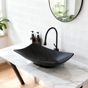 Imagem de Focitland Pia de banheiro de resina de pedra com torneira de arco alto e combinação de ralo pop-up, bacia retangular preta de 55 cm acima do balcão tigela de pia de vaso de banheiro moderna