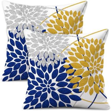 Imagem de Conjunto de 2 fronhas decorativas de 50,8 x 50,8 cm, branco, linho, amarelo, azul marinho, prata, cinza, fazenda, interior, exterior, moderna, floral, dália, flores, capa de almofada para sofá