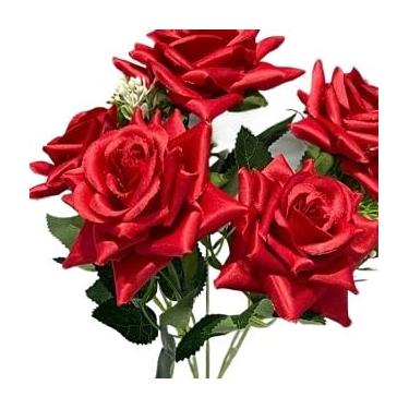 Imagem de Rosa Artificial Decorativa com 5 Flores na Ponta, Galho Realista para Arranjos e Decoração de Ambientes(Kit com 3 Unidades,Vermelho)