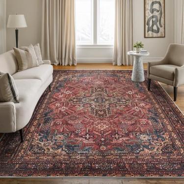 Imagem de Bloom Rugs Tapete lavável antiderrapante 1,8 m x 2,5 m - vermelho/azul-petróleo/amarelo tradicional tapete medalhão para sala de estar, quarto, sala de jantar e cozinha - Tamanho exato: 1,8 x 2,5 m