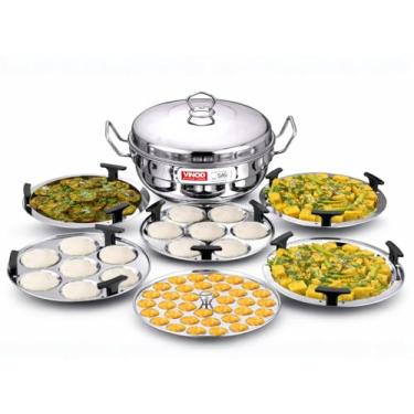 Imagem de Vinod Multi Kadai Deluxe de aço inoxidável com 6 placas - 26 cm, 2 Idli, 2 Dhokla, 1 Patra e 1 Mini Idli Plate | Vaporizador Dhokla e Momos, Maker, Adequado para indução