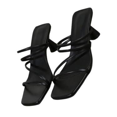 Imagem de GORGLITTER Sandálias femininas de salto quadrado aberto com salto gatinho de couro sintético para festa de formatura, Preto, 39