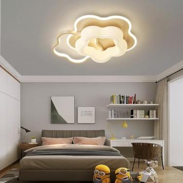 Imagem de Luminária de teto moderna em LED para ambientes internos, estilo creme, com acabamento em madeira, ideal para quartos, com intensidade de luz ajustável, design geométrico em acrílico e contr