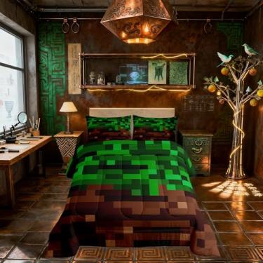 Imagem de Jogo de cama Queen Pixelated Blocks Miners, videogame, gamepad, para decoração de quarto de crianças e adolescentes, geométrico, poliéster, macio, edredom verde, marrom, 2 fronhas